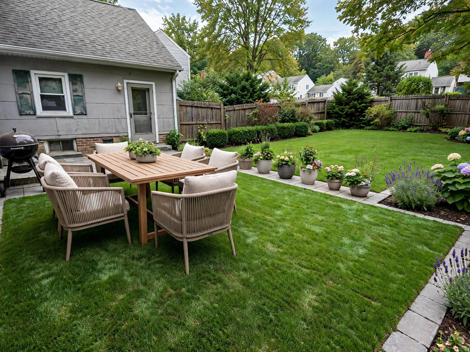 Patio with artificial grass lawn, fixed up and beautiful