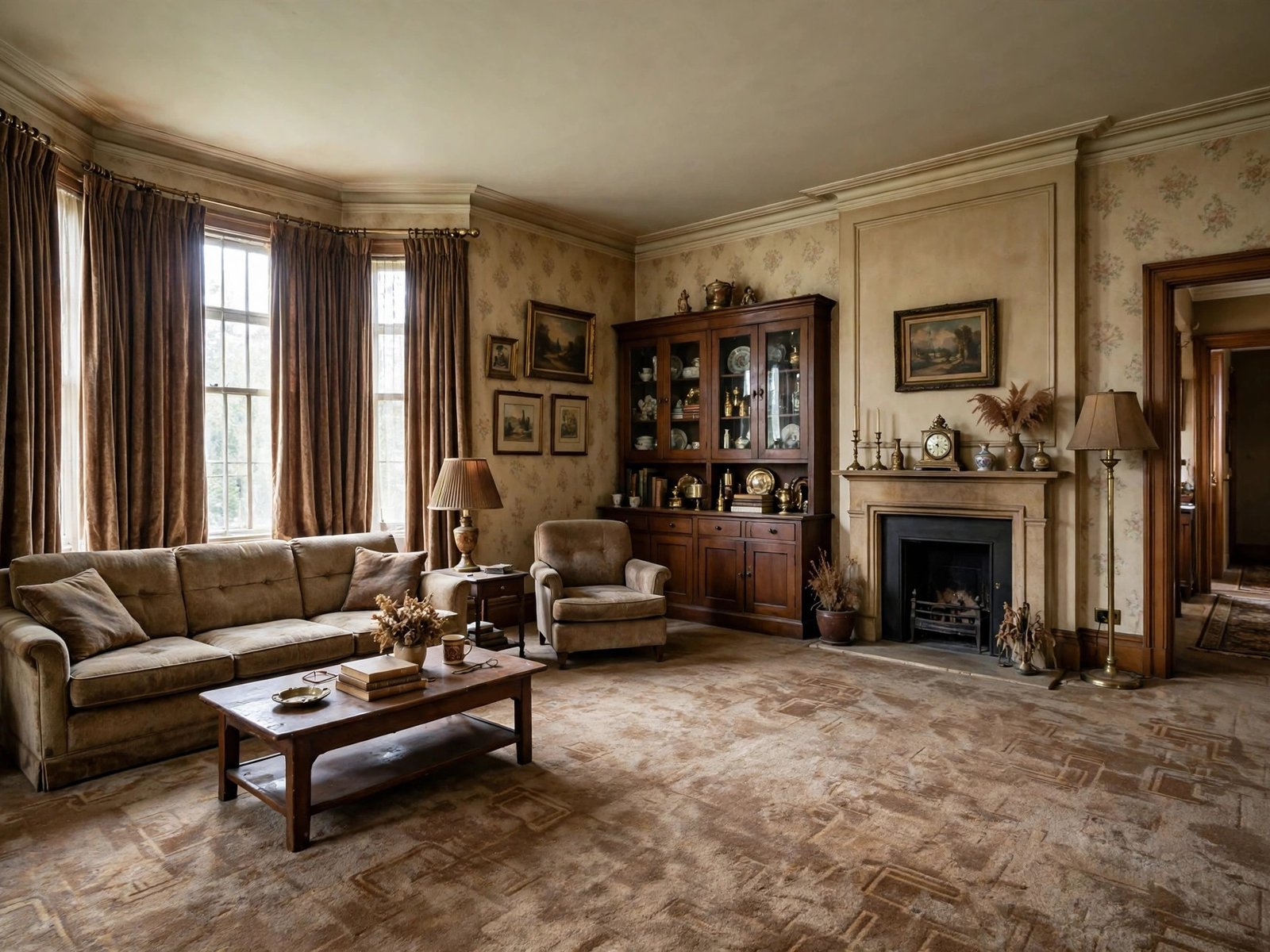 The same living room before renovation, dated and worn