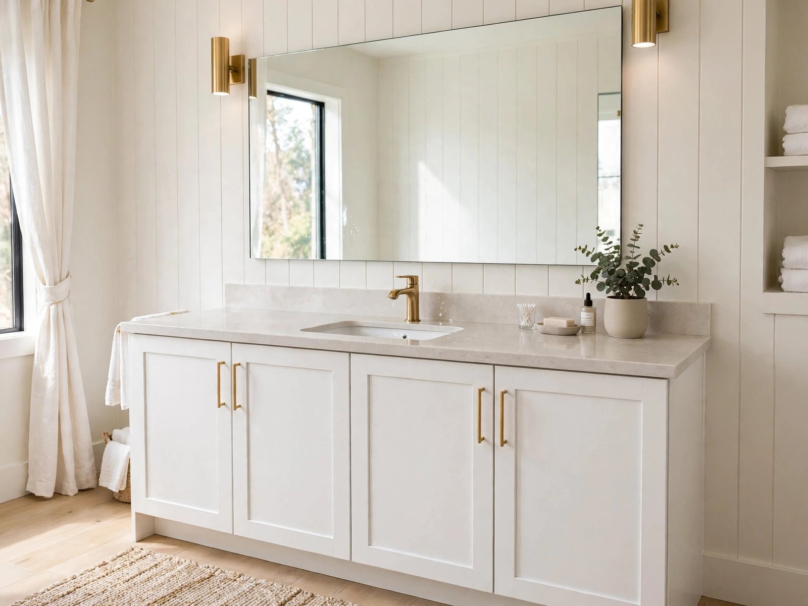 Bathroom with White cabinets and Light Stone