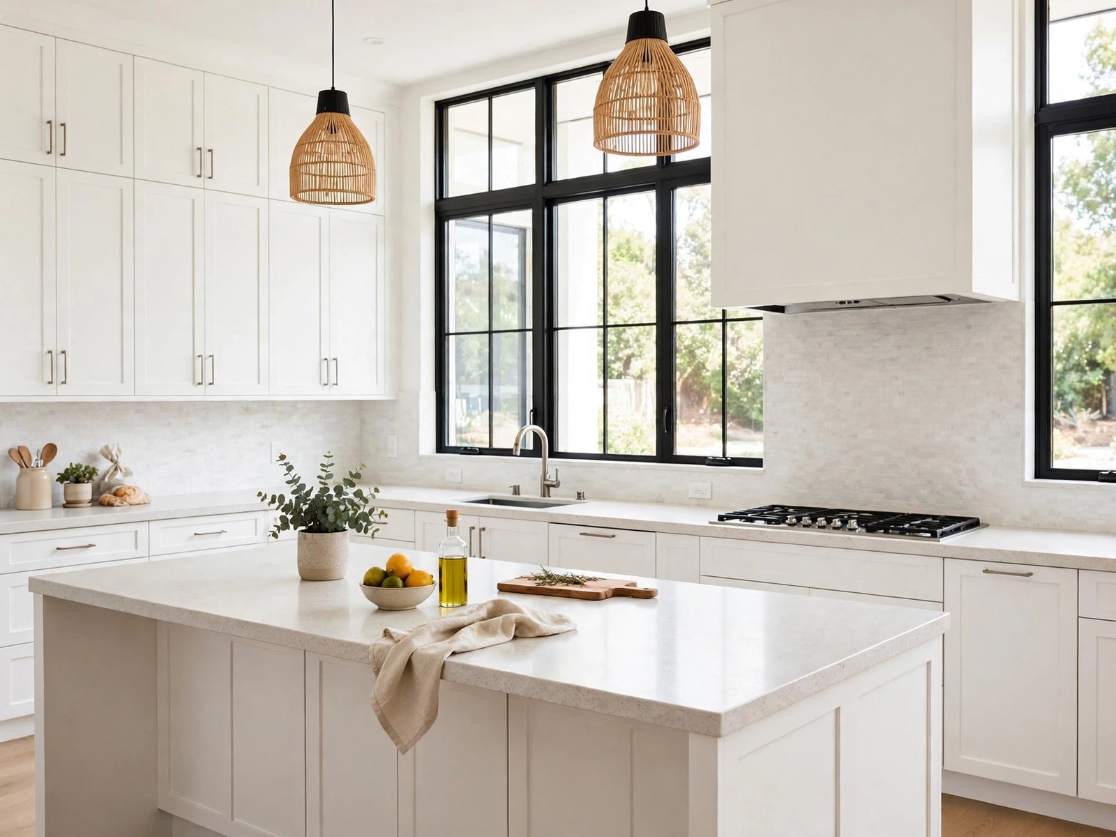 Kitchen with White cabinets and Light Stone