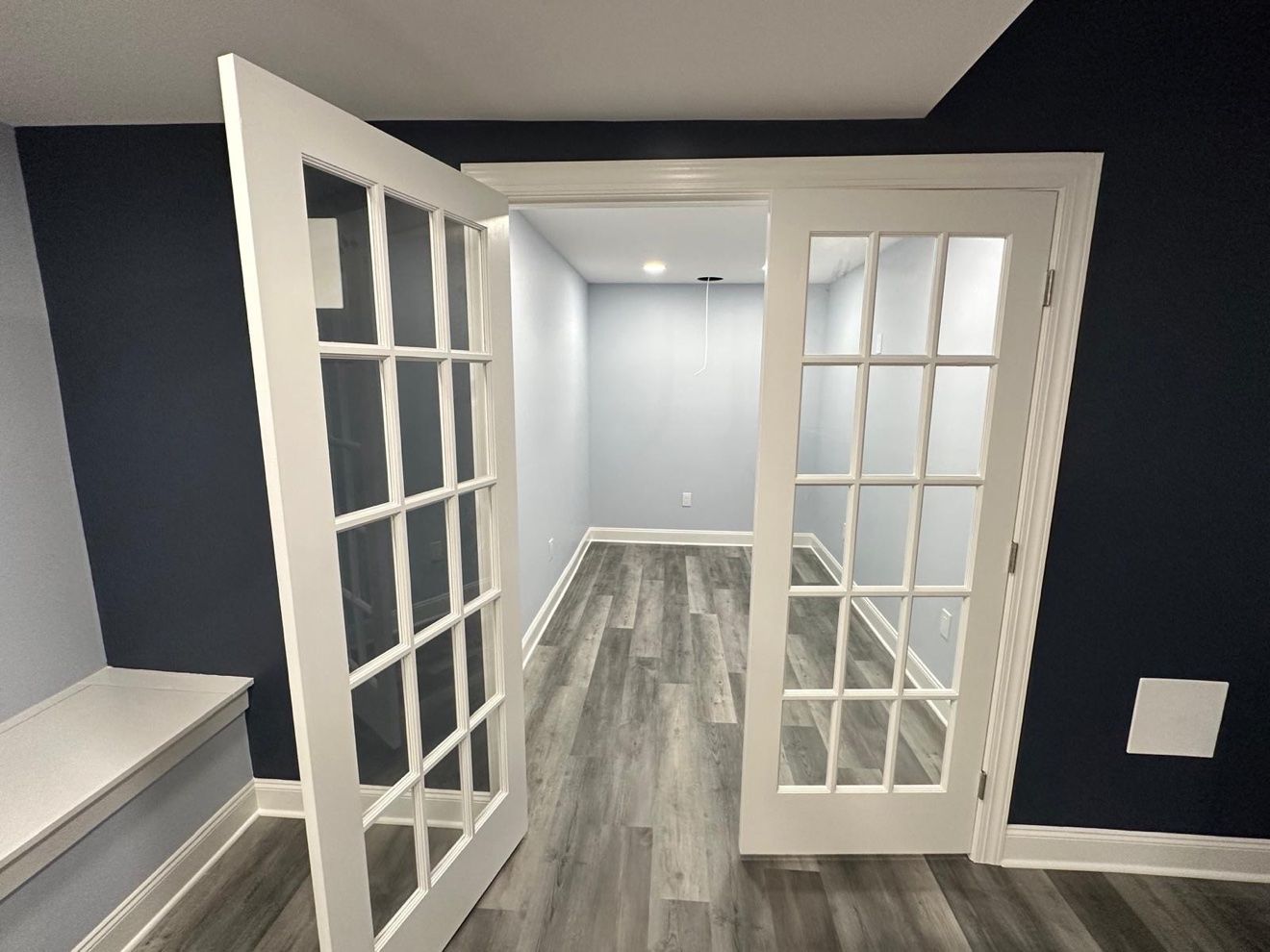 Cuarto del sótano con puertas francesas blancas en pared azul marino
